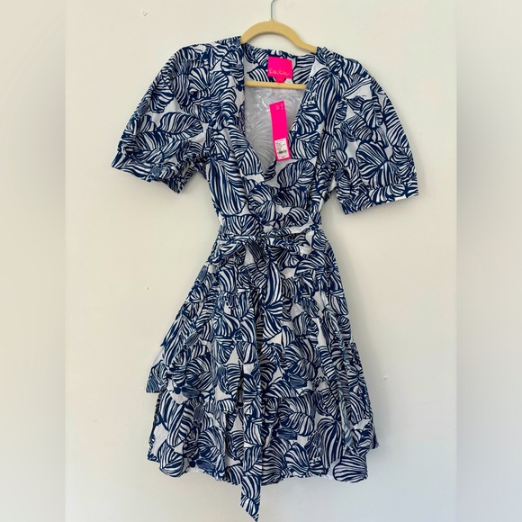 Lilly Pulitzer Alexandria Elbow Sleeve Cotton Wrap Dress - Aegean Navy - Picture 6 of 6